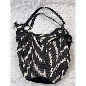 Lucky Brand Bali Hai Black White Canvas Hobo Shoulder Bag Boho Ikat Zip